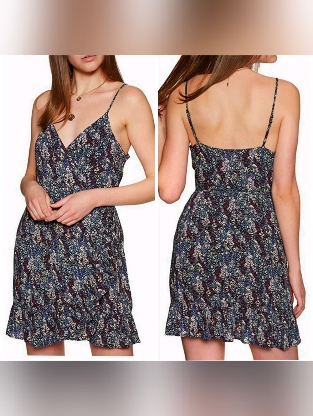 Free People Intimately Mini Wrap Baby Doll Dress Navy Purple Floral Print Size M